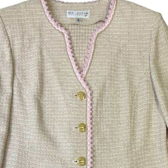 St. John Collection Knit Suit Set Beige Pink Tweed Blazer Jacket Skirt SZ 12 - Picture 7 of 16